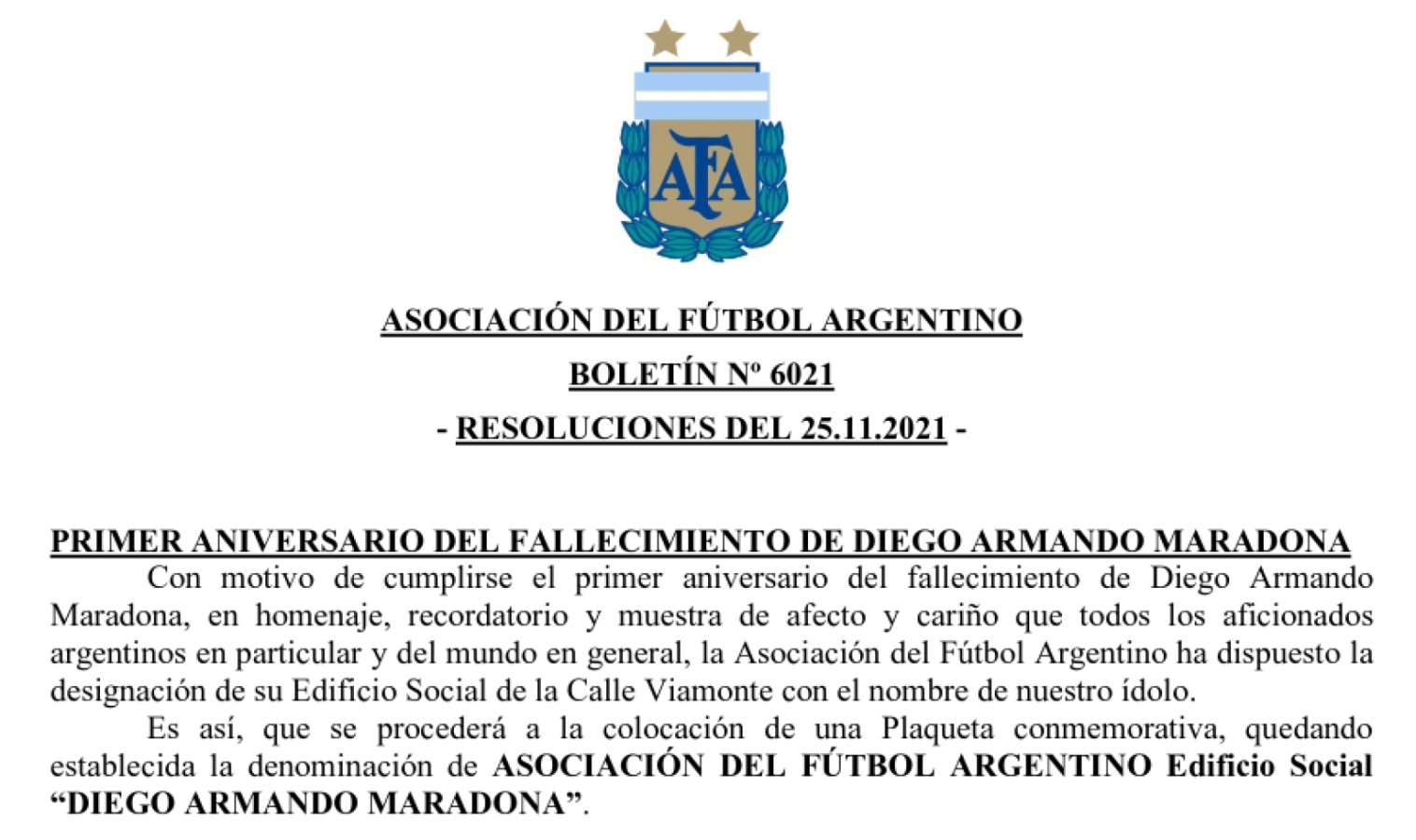 Imagen El boletín de AFA que comunica la decisión.