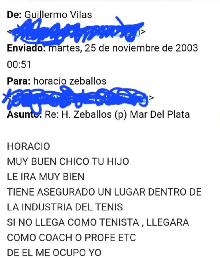 Imagen El mensaje de Vilas al padre de Horacio Zeballos en 2003.