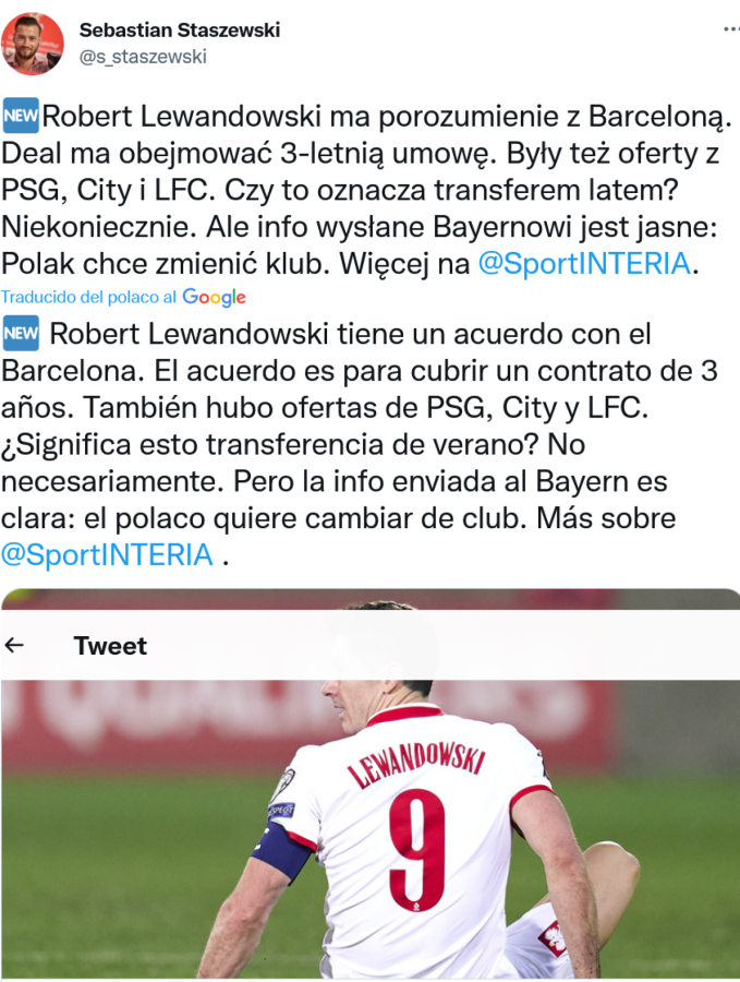 Imagen El twitter del periodista Sebastian Staszewski que confirma la noticia.