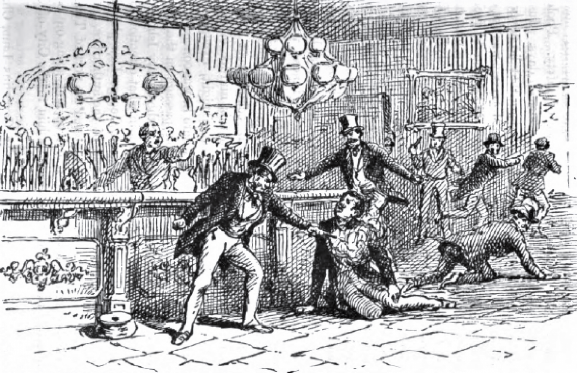 Imagen Pat McLaughlin, alias "Paudeen", dispara sobre Bill Poole (grabado de un periódico de la época).