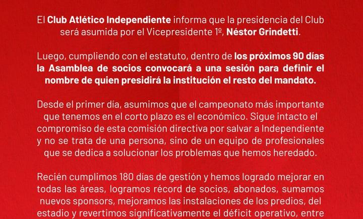 Imagen de El comunicado de Independiente: interinato de Néstor Grindetti y Asamblea en 90 días