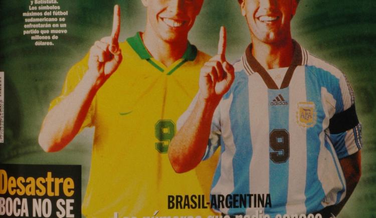 Imagen de 28 de abril de 1998, Batistuta y Ronaldo. Argentina y Brasil