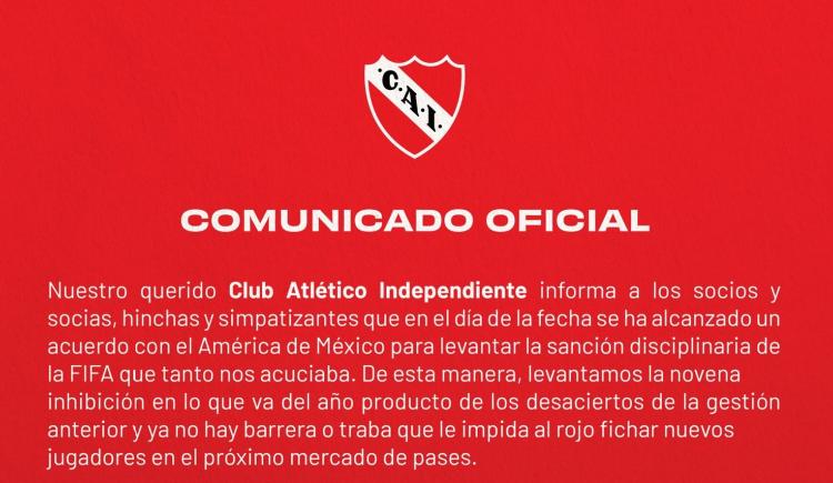 Imagen de Independiente llegó a un acuerdo con América y levantó la inhibición